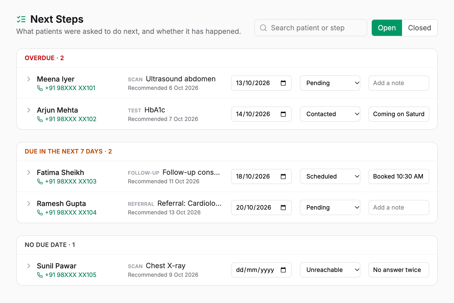 The Next Steps screen listing patients with an overdue ultrasound and HbA1c, a scheduled follow-up and a cardiology referral, each with a status and a note