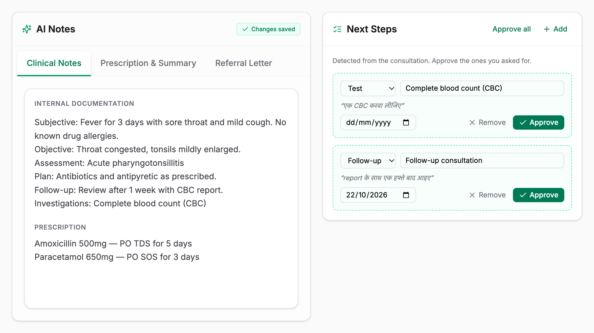 Clinical notes and prescription next to two suggested next steps, a CBC and a follow-up visit in one week, each quoting the doctor's words in Hindi, with Approve and Remove buttons